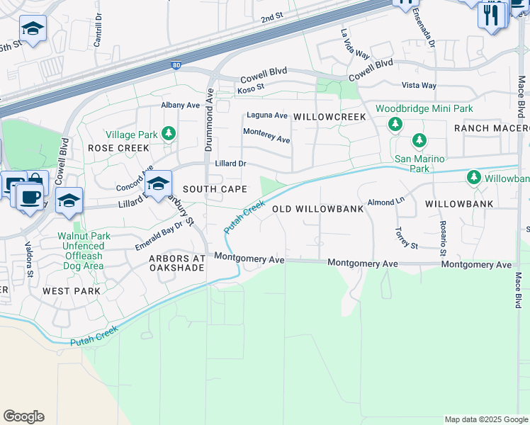 map of restaurants, bars, coffee shops, grocery stores, and more near 43170 West Oakside Place in Davis