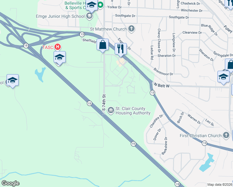 map of restaurants, bars, coffee shops, grocery stores, and more near 7235 Westfield Plaza Drive in Belleville