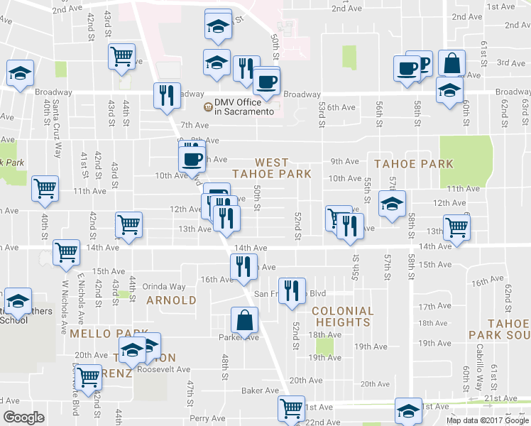 map of restaurants, bars, coffee shops, grocery stores, and more near 5017 12th Avenue in Sacramento