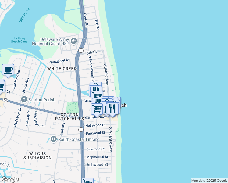 map of restaurants, bars, coffee shops, grocery stores, and more near 96 1st Street in Bethany Beach