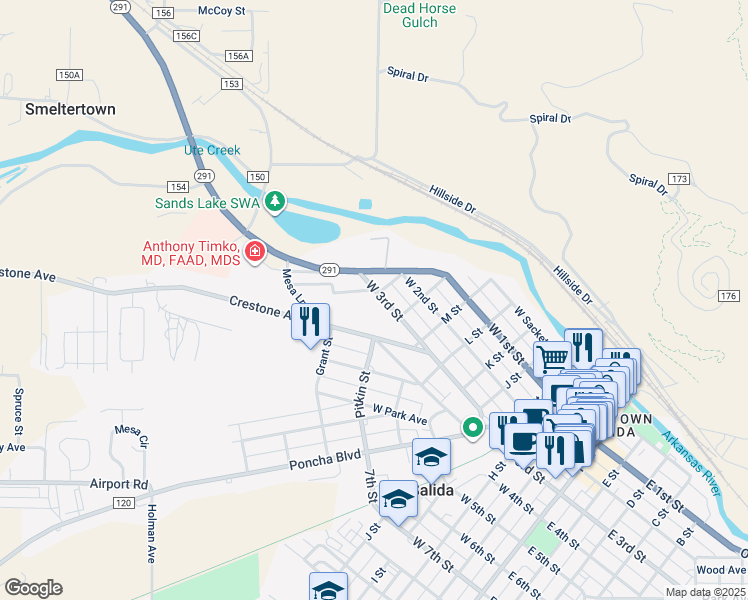 map of restaurants, bars, coffee shops, grocery stores, and more near 977 West 3rd Street in Salida