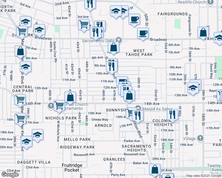 map of restaurants, bars, coffee shops, grocery stores, and more near 4640 12th Avenue in Sacramento