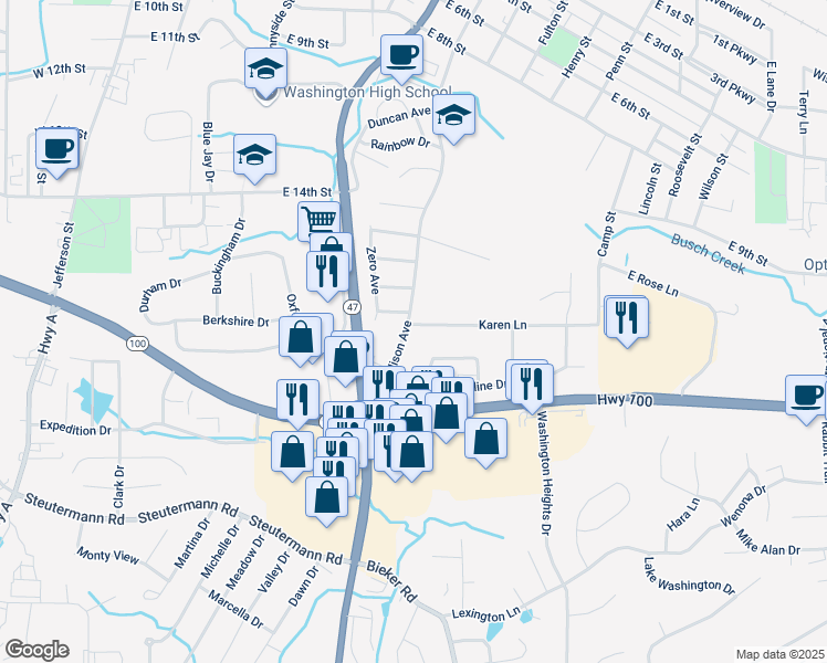 map of restaurants, bars, coffee shops, grocery stores, and more near 1000 Karen Lane in Washington