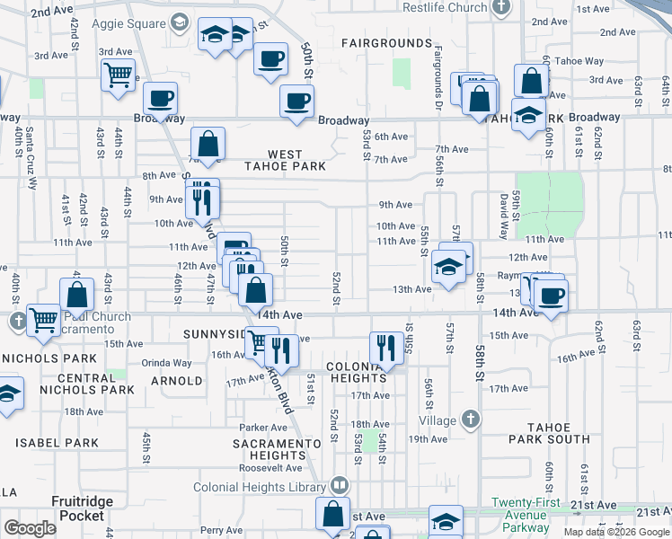 map of restaurants, bars, coffee shops, grocery stores, and more near 3632 52nd Street in Sacramento
