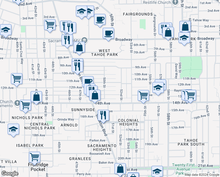 map of restaurants, bars, coffee shops, grocery stores, and more near 5017 12th Avenue in Sacramento
