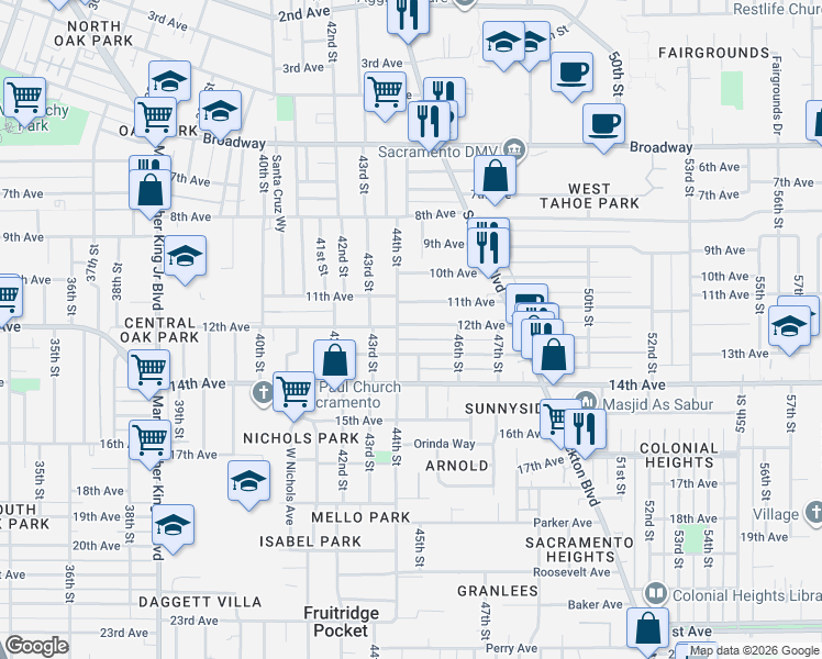 map of restaurants, bars, coffee shops, grocery stores, and more near 4408 12th Avenue in Sacramento