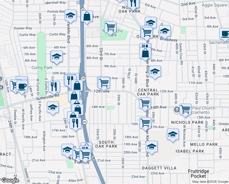 map of restaurants, bars, coffee shops, grocery stores, and more near 3424 12th Avenue in Sacramento