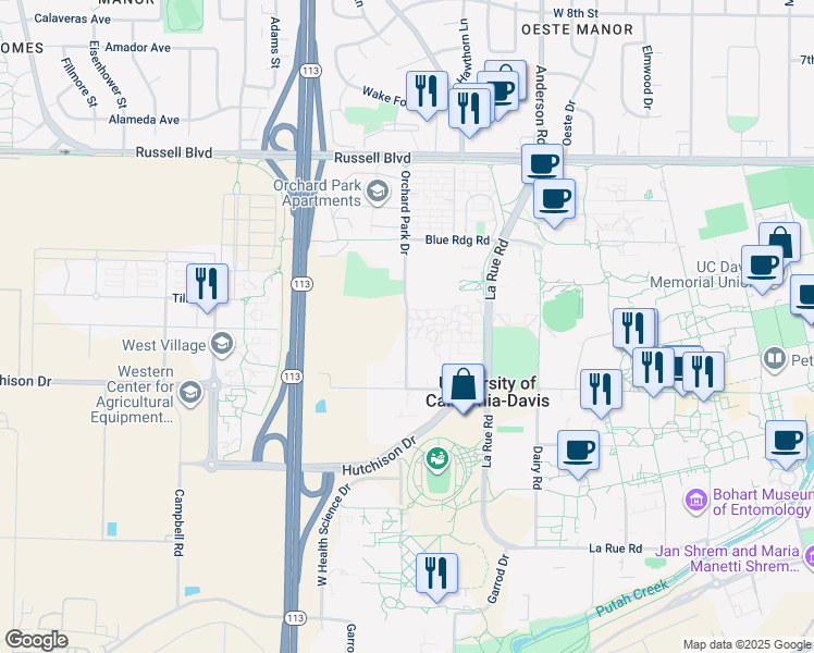 map of restaurants, bars, coffee shops, grocery stores, and more near 164 Orchard Park Drive in Davis