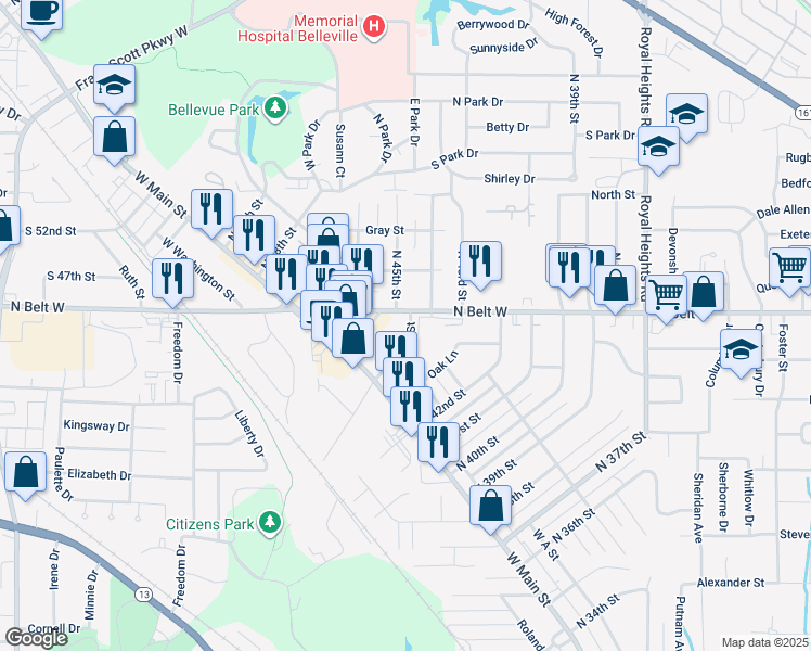 map of restaurants, bars, coffee shops, grocery stores, and more near 23 North 44th Street in Belleville