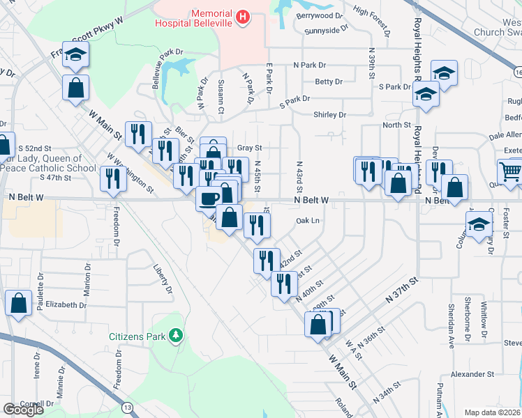 map of restaurants, bars, coffee shops, grocery stores, and more near 23 North 44th Street in Belleville
