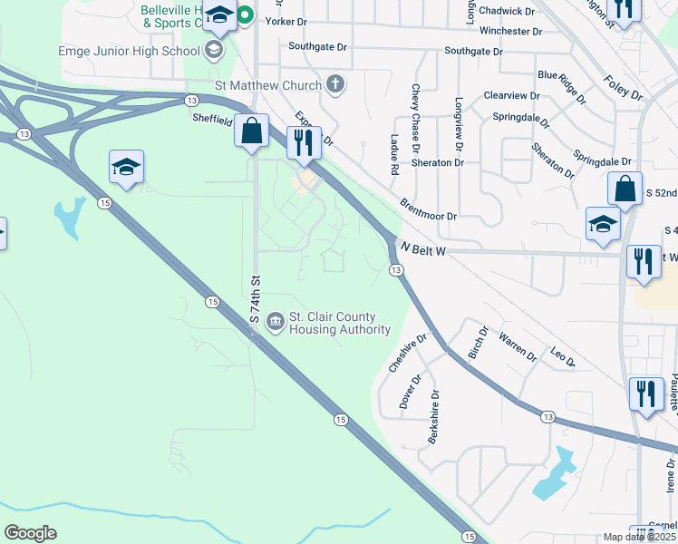 map of restaurants, bars, coffee shops, grocery stores, and more near 132 Lauren Circle in Belleville