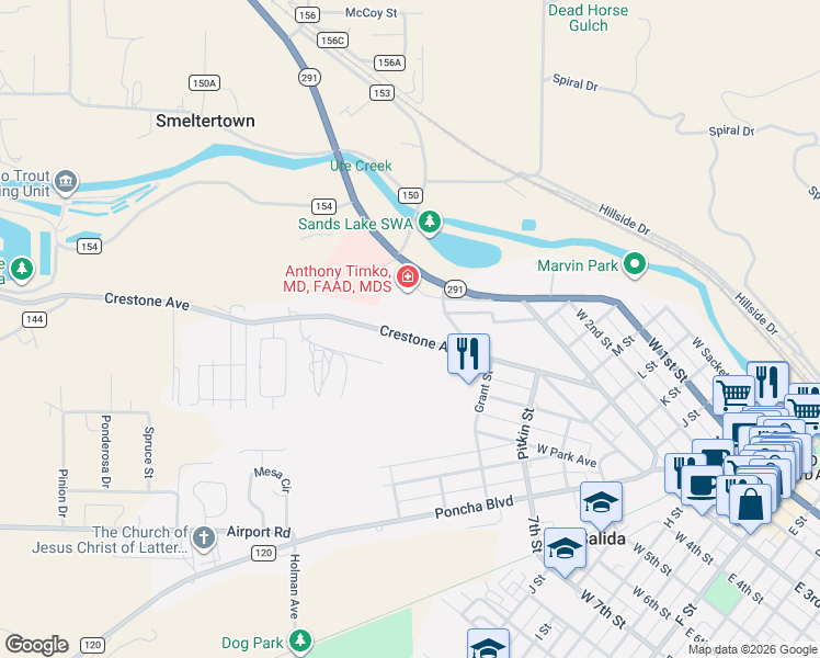map of restaurants, bars, coffee shops, grocery stores, and more near 600 Crestone Avenue in Salida