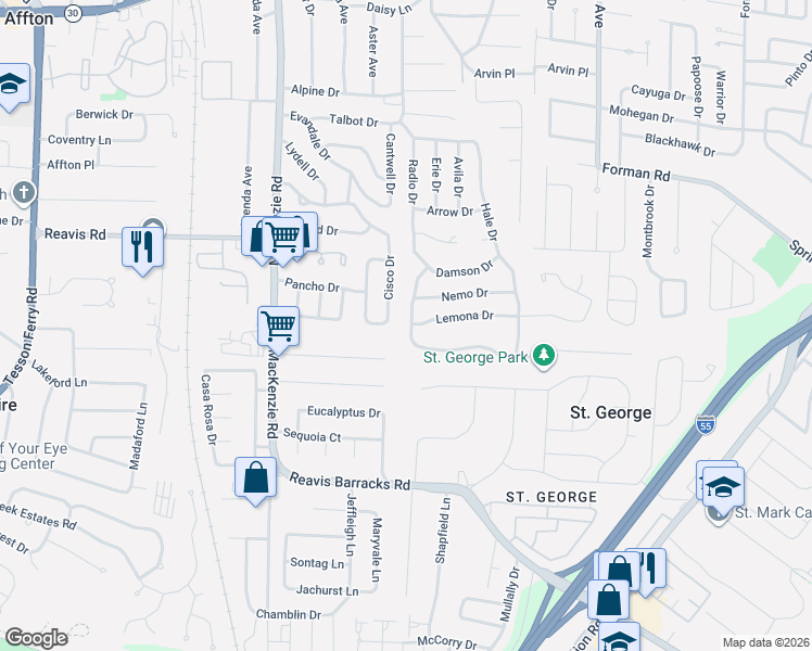 map of restaurants, bars, coffee shops, grocery stores, and more near 9769 Radio Drive in Affton