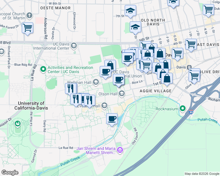 map of restaurants, bars, coffee shops, grocery stores, and more near Centennial Walk in Davis
