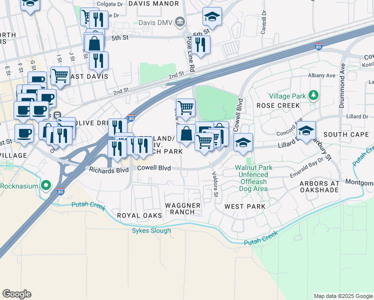 map of restaurants, bars, coffee shops, grocery stores, and more near 1550 Drew Ave in Davis