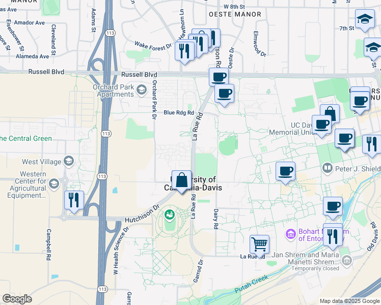 map of restaurants, bars, coffee shops, grocery stores, and more near 164 Orchard Park Drive in Davis