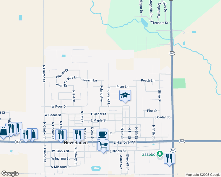 map of restaurants, bars, coffee shops, grocery stores, and more near 411 Plum Lane in New Baden