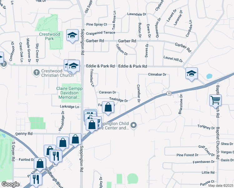 map of restaurants, bars, coffee shops, grocery stores, and more near 9522 Caravan Drive in Sappington