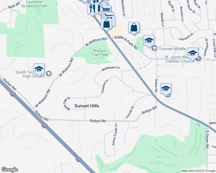 map of restaurants, bars, coffee shops, grocery stores, and more near 12462 Cinema Lane in St. Louis