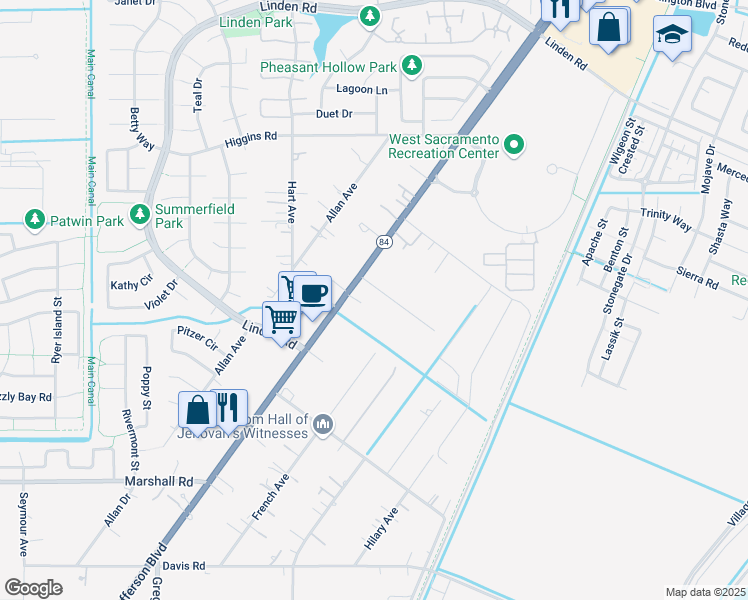 map of restaurants, bars, coffee shops, grocery stores, and more near 3095 Jefferson Boulevard in West Sacramento