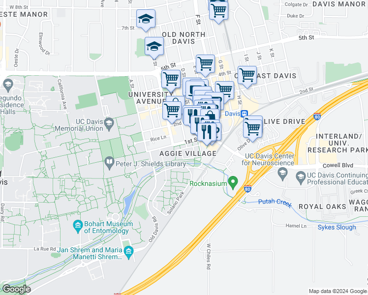 map of restaurants, bars, coffee shops, grocery stores, and more near 384 Aggie Lane in Davis