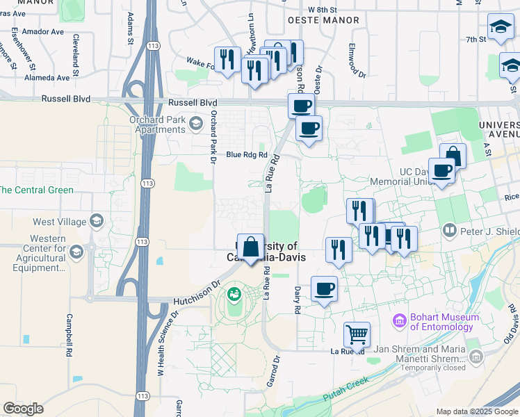 map of restaurants, bars, coffee shops, grocery stores, and more near 152 La Rue Road in Davis