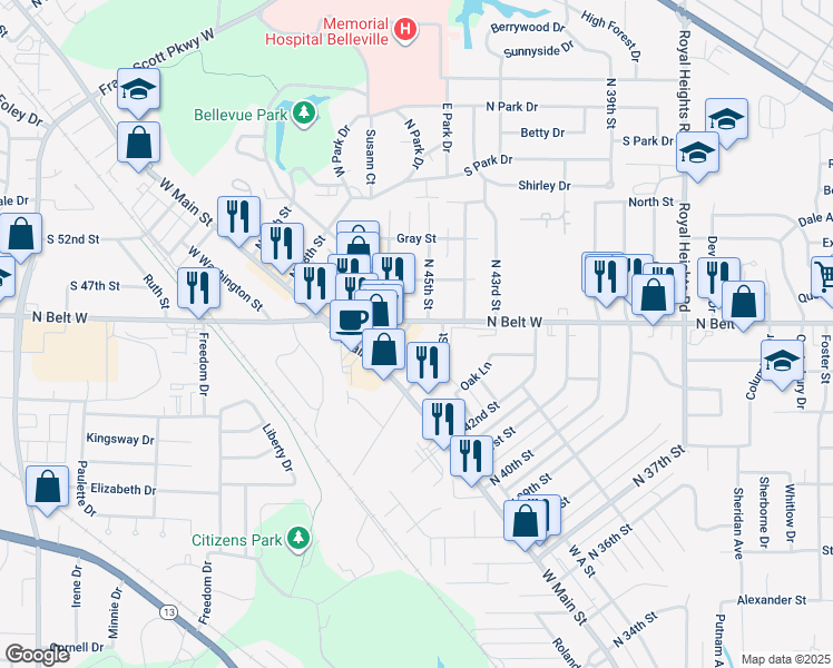 map of restaurants, bars, coffee shops, grocery stores, and more near 23 North 44th Street in Belleville