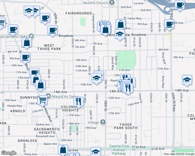 map of restaurants, bars, coffee shops, grocery stores, and more near 3668 57th Street in Sacramento