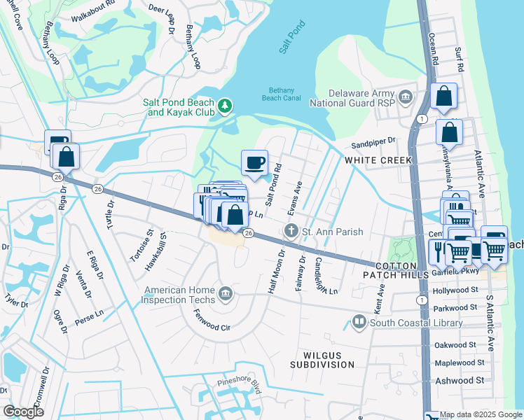 map of restaurants, bars, coffee shops, grocery stores, and more near 722 Treetop Lane in Bethany Beach