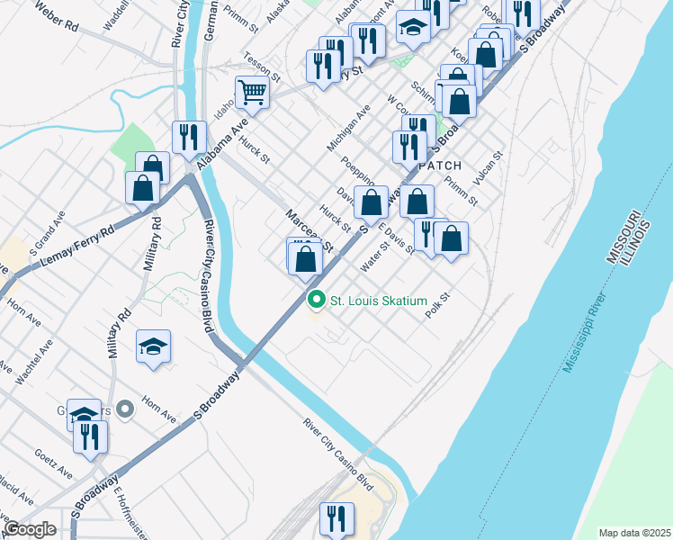 map of restaurants, bars, coffee shops, grocery stores, and more near 8414 South Broadway in St. Louis