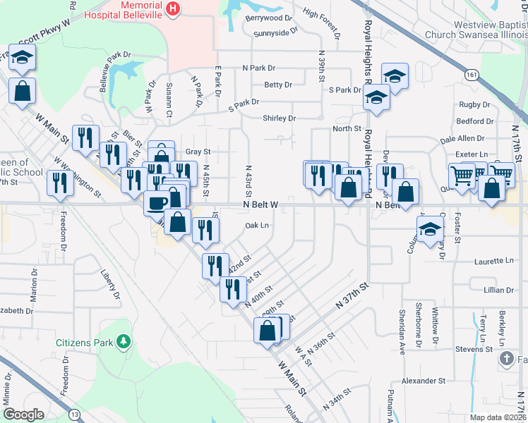 map of restaurants, bars, coffee shops, grocery stores, and more near 4212 North Belt West in Belleville