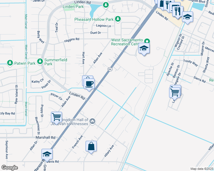 map of restaurants, bars, coffee shops, grocery stores, and more near 3095 Jefferson Boulevard in West Sacramento