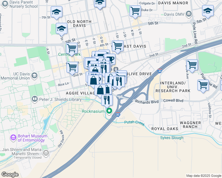 map of restaurants, bars, coffee shops, grocery stores, and more near 1011 Olive Drive in Davis