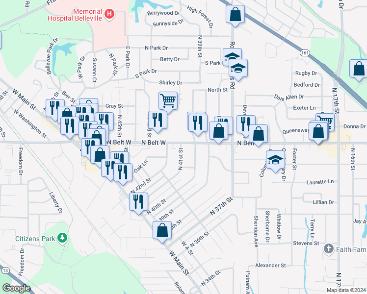 map of restaurants, bars, coffee shops, grocery stores, and more near 4022 North Belt West in Belleville