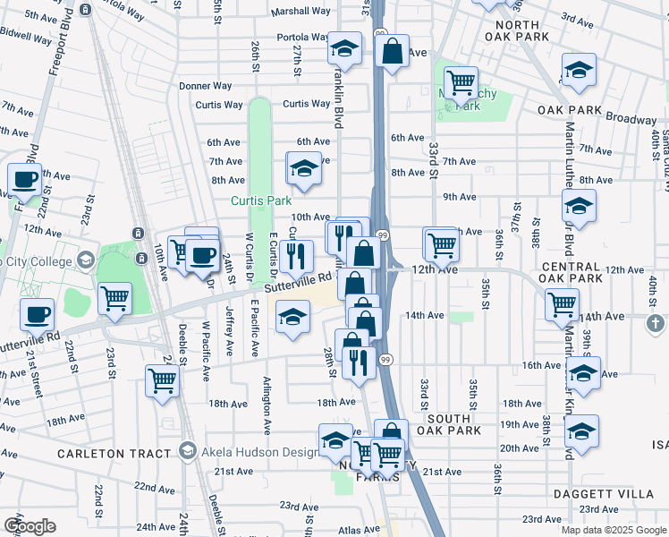 map of restaurants, bars, coffee shops, grocery stores, and more near 2773 Sutterville Road in Sacramento