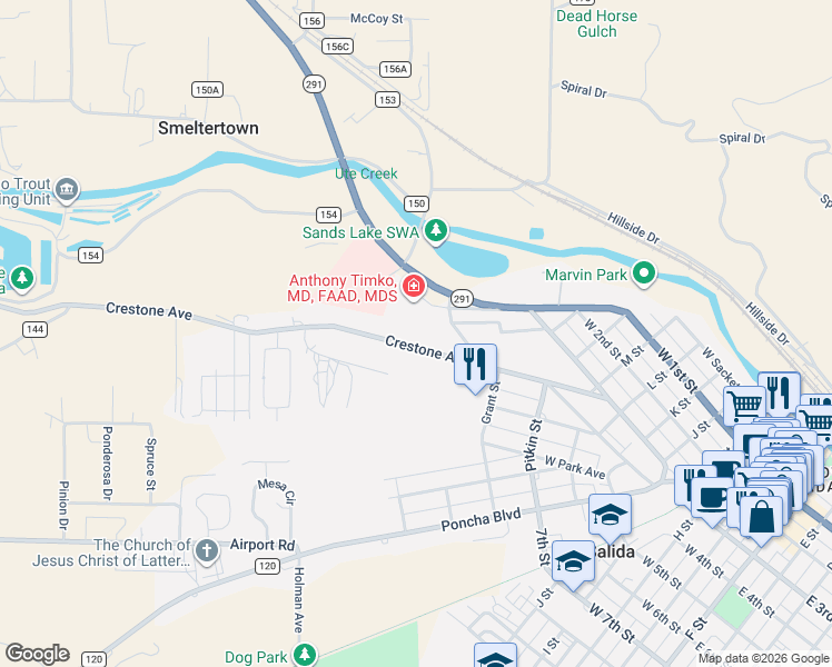 map of restaurants, bars, coffee shops, grocery stores, and more near 600 Crestone Avenue in Salida