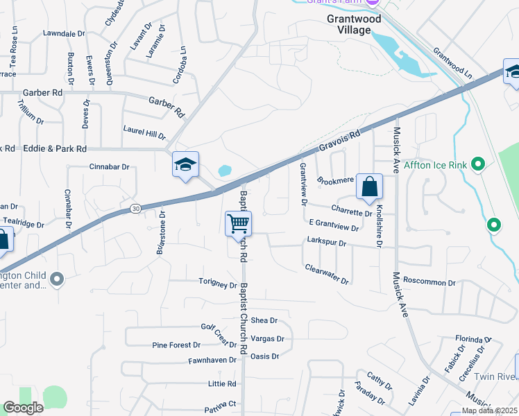 map of restaurants, bars, coffee shops, grocery stores, and more near 9829 Grantview Forest Drive in St. Louis