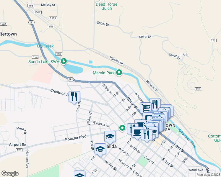 map of restaurants, bars, coffee shops, grocery stores, and more near 836 West 2nd Street in Salida