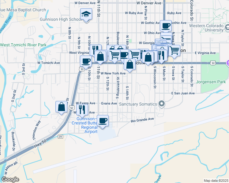 map of restaurants, bars, coffee shops, grocery stores, and more near 401 South Boulevard Street in Gunnison