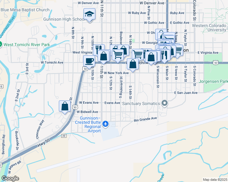 map of restaurants, bars, coffee shops, grocery stores, and more near 405 South 12th Street in Gunnison
