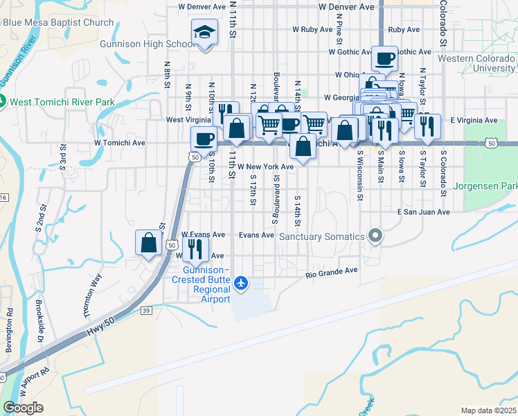map of restaurants, bars, coffee shops, grocery stores, and more near 405 South 12th Street in Gunnison