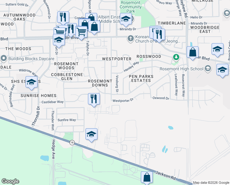 map of restaurants, bars, coffee shops, grocery stores, and more near 4200 Tallyho Drive in Sacramento