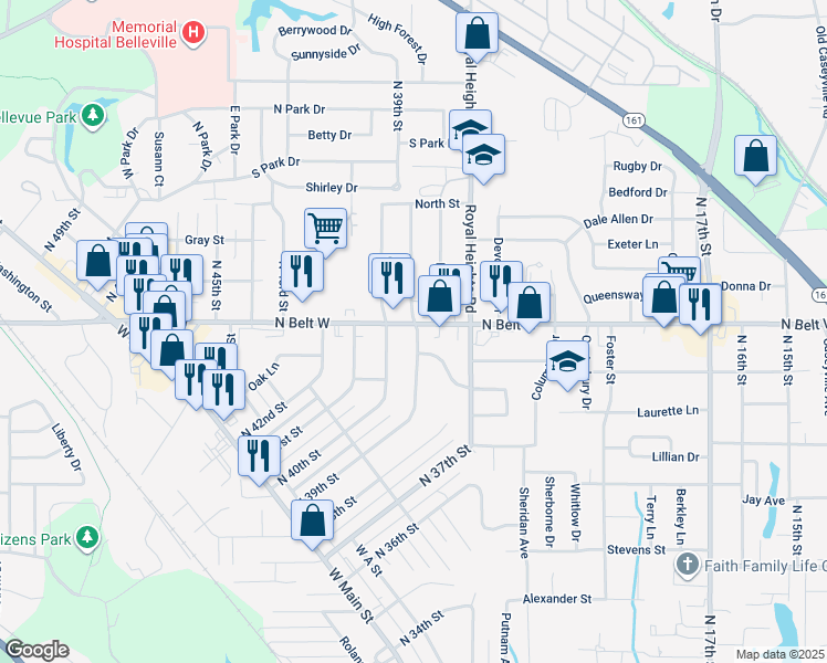 map of restaurants, bars, coffee shops, grocery stores, and more near 505 North 39th Street in Belleville