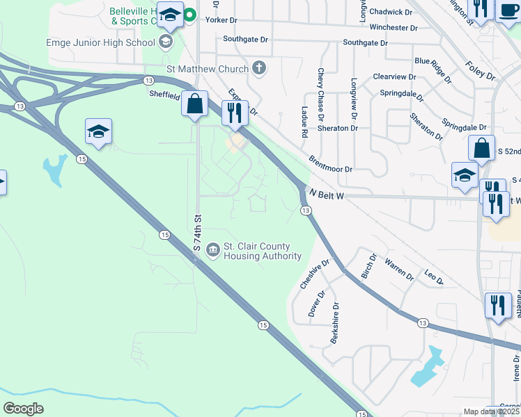 map of restaurants, bars, coffee shops, grocery stores, and more near 132 Lauren Circle in Belleville