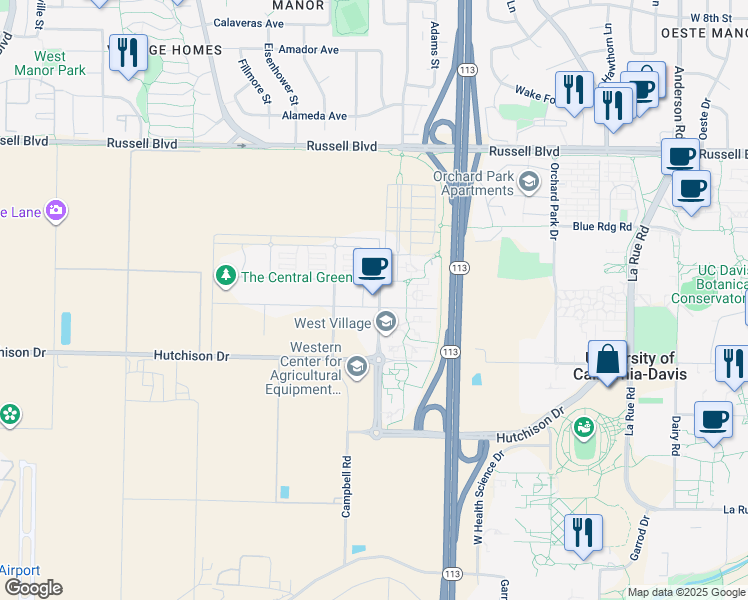 map of restaurants, bars, coffee shops, grocery stores, and more near 201 Sage Street in Davis