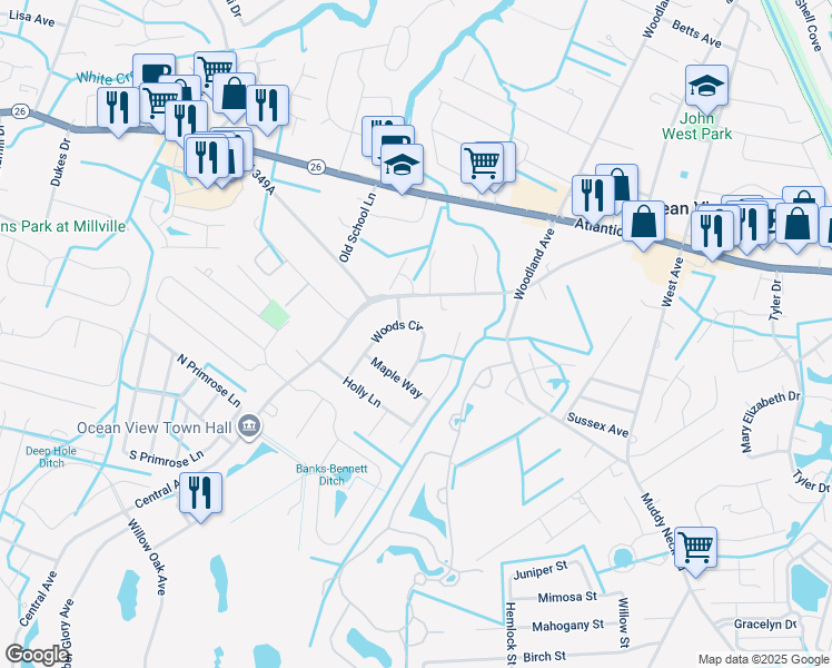 map of restaurants, bars, coffee shops, grocery stores, and more near 12 Woods Circle in Ocean View