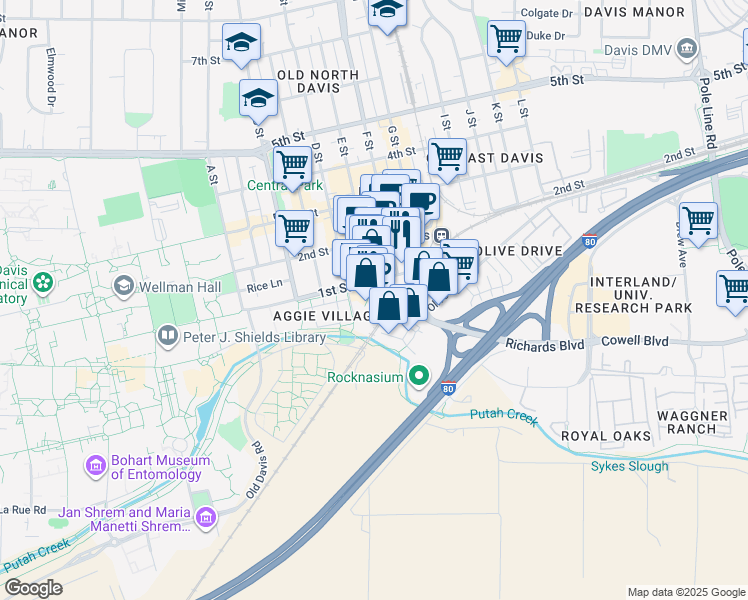 map of restaurants, bars, coffee shops, grocery stores, and more near 975 Olive Drive in Davis