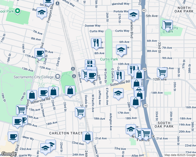map of restaurants, bars, coffee shops, grocery stores, and more near 3630 24th Street in Sacramento