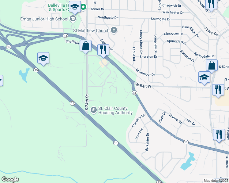 map of restaurants, bars, coffee shops, grocery stores, and more near 132 Lauren Circle in Belleville