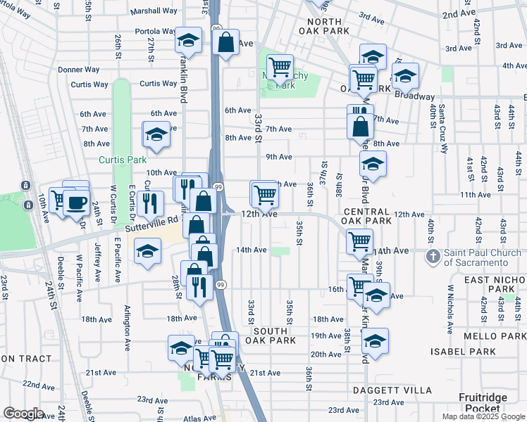 map of restaurants, bars, coffee shops, grocery stores, and more near 3248 12th Avenue in Sacramento